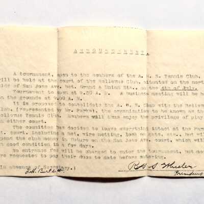 Announcement of a tournament to be held at the Bellevue Tennis Club, 1890s