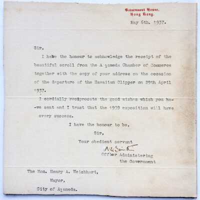 Letter to Mayor Weichhart about the Hawaiian Clipper flight, 1937