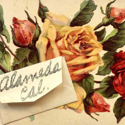 Greeting card of roses with glitter from Alameda, early 1900s