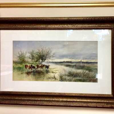 Watercolor with four wading cows, by Hugo Antone Fisher, pior to 1916