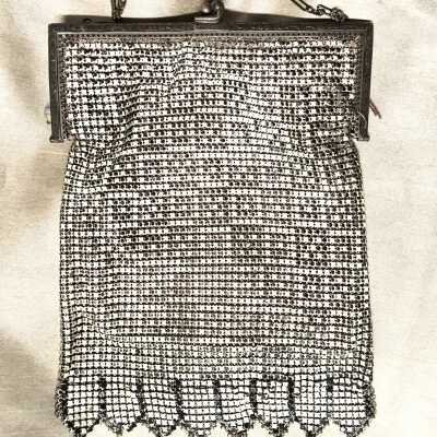 Metal mesh purse with enameled black and white design and pink silk lining, c. 1920s