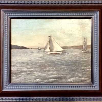 Oil painting with three yachting vessels by C.R. Patterson, c. 1920s