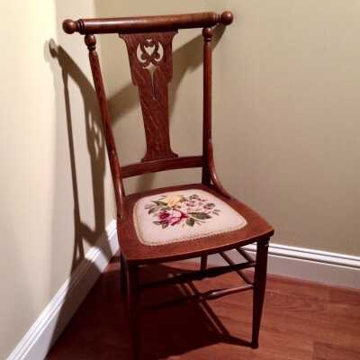 Oak Art Nouveau reception chair with floral needlepoint chair, c. 1900
