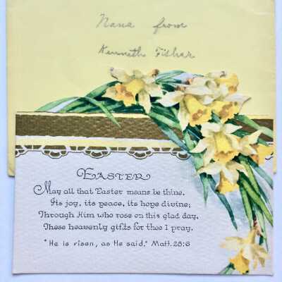 Easter Greeting Card with Daffodils, and envelope, c. 1929-1930