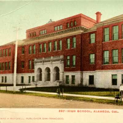 Postcard main facade Alameda High School at Walnut and Central, c. early 1900s