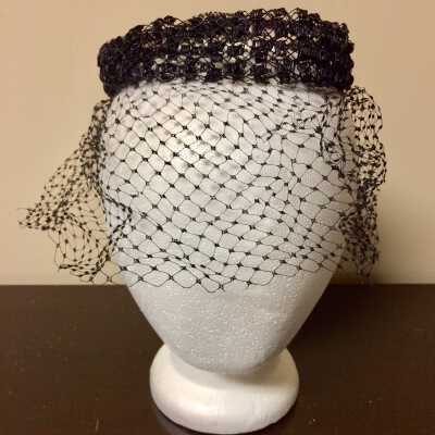 Simulated black woven straw Halo evening hat with veil, 1960