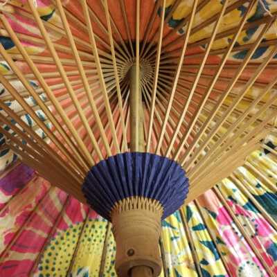 Multicolored Japanese Silk parasol with bamboo shaft and stays, c. 1945-1950