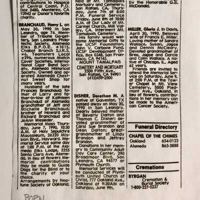 Photocopy of Obituary of Harry L. Branchaud, 1990