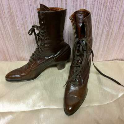 Pair of Brown Leather High Top Shoes with Laces, c. 1910