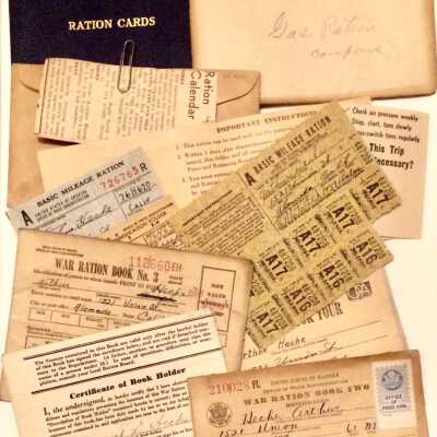 Blue leather booklet with Ration Cards of Arthur and Margaret Heche, 1941-1945