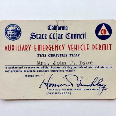 Defense Council Emergency Vehicle Permit of Mrs. I. T. Dyer, 1943