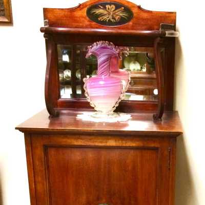 Music cabinet with mirror, shelf and bronze and wood inlay details, c. 1894