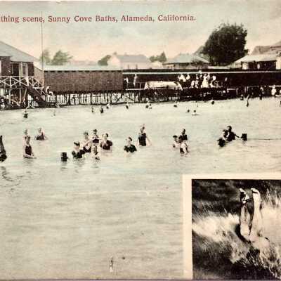 Postcard of Dressing Rooms and Patrons, Sunny cove Beach, 1908