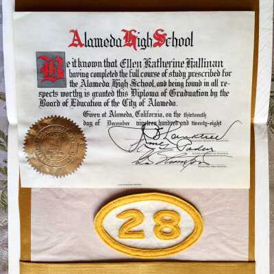 Alameda High School Diploma of Ellen Katherine Hallinan Beaudran, 1928