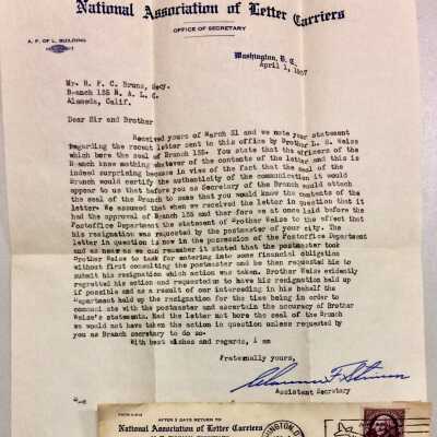 Letter on stationery National Association of Letter Carriers, 1937