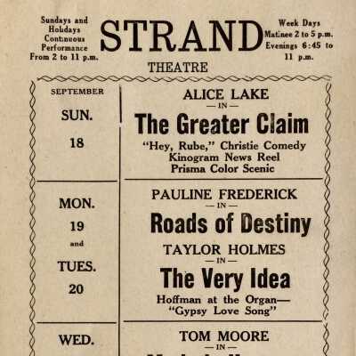 Program coming attractions Strand Theater, c. 1920s