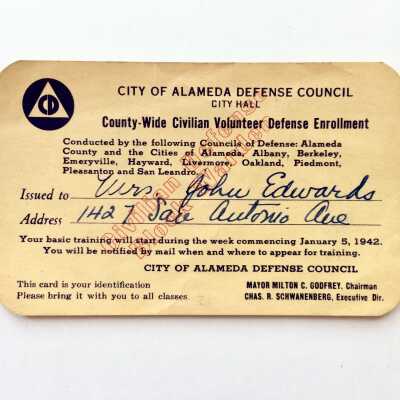 Alameda Defense Council Block Warden Identification Card, January 1942