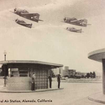 Main Entrance US Naval Air Station, Alameda, with 4 Jets, c. 1950s