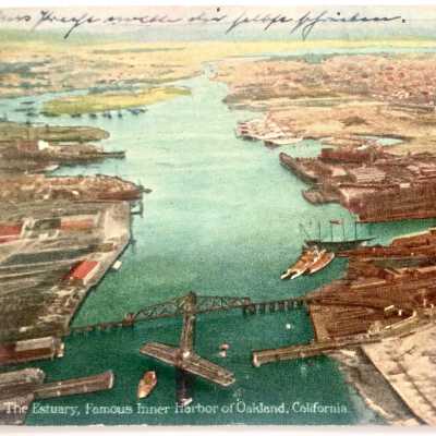 Postcard of aerial view of the Estuary with Webster Street bridges, 1928