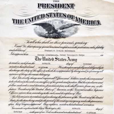 Certificate of Appointment as Second Lieutenant, of F. H. McDonell, October 1918