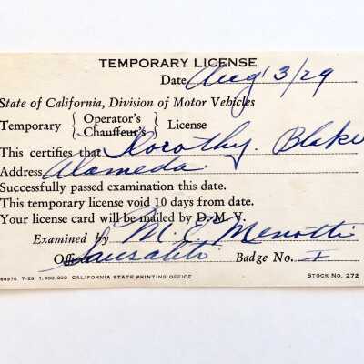 Temporary Driver's license of Dorothy Blake, 1929