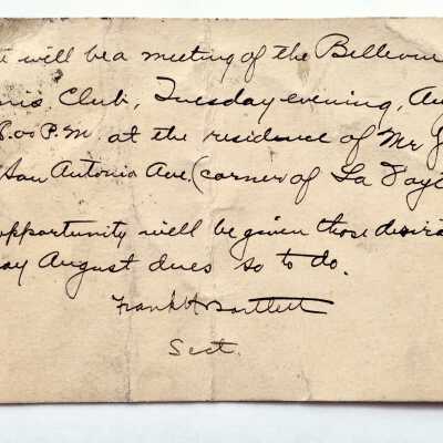 Postcard announcing a meeting of the Bellevue Tennis Club, 1896