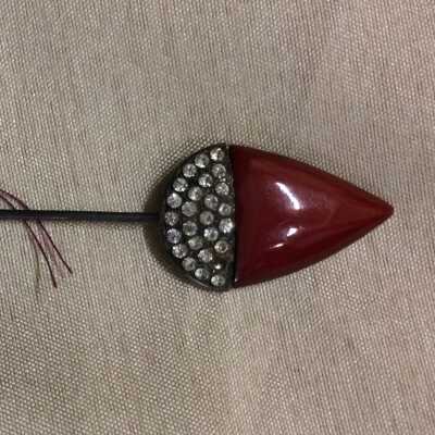 Art deco hat pin with red Bakelite acorn head and rhinestones, 1930