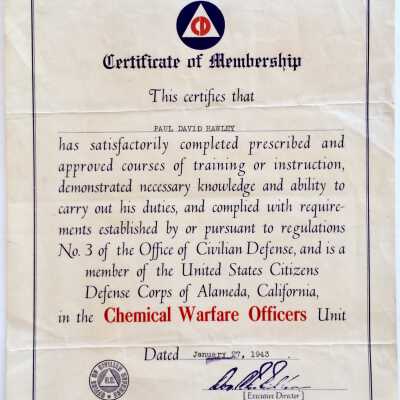 Certificate issued to Paul David Hawley for Civil Defense courses, 1943