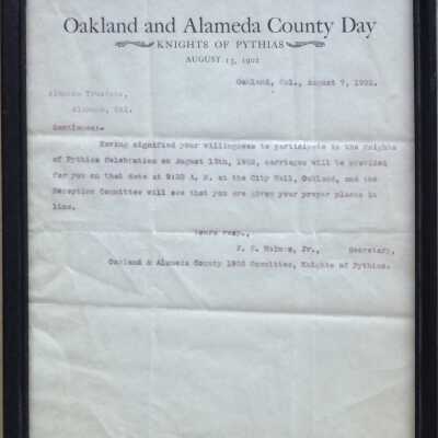 Letter on stationery regarding Oakland and Alameda County Day, 1902