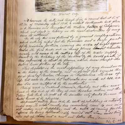 Entry June 14, 1906: with photo of 'The Burnt City', San Francisco.