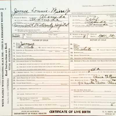Birth Certificate form, Tennant Maternity Hospital, California Department of Public Health, 1944