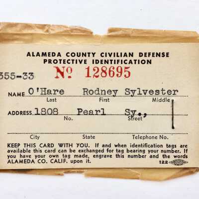 County Civilian Defense ID card of Rodney O'Hare, 1941-1945