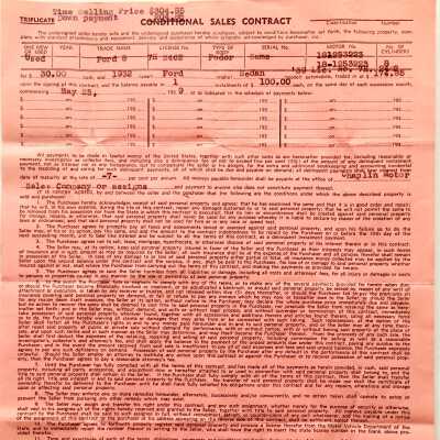 'Conditional Sales Contract' from Chaplin Motor Sales Company, 1939