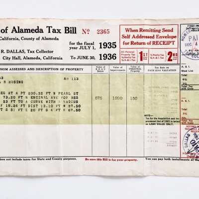 Alameda City Property Tax Receipt, 1307 Wayne Court, 1935-1936