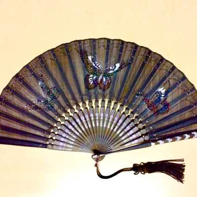 Three identical fans of black gauze with butterflies, c. 1900