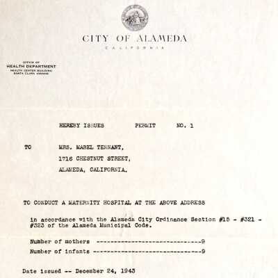 City of Alameda notice of Permit, Tennant Maternity Hospital, 1943