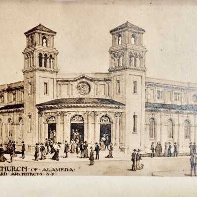Photo postcard of architectural drawing main facade First Methodist Church, 1909