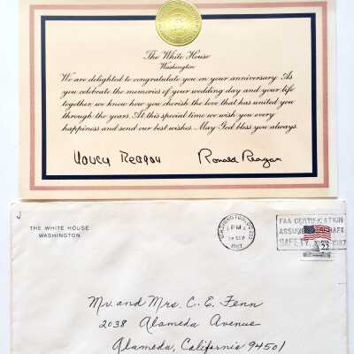 Certificate from the White House on 50th anniversary, Fenn family, 1987