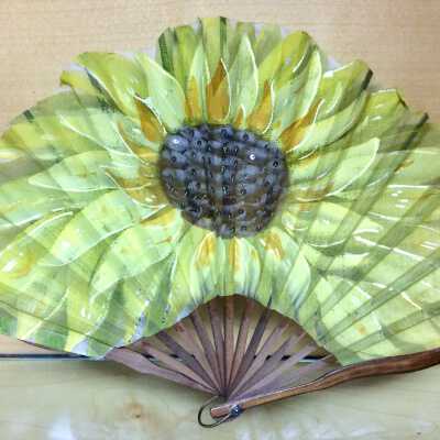 Gauze covered fan with hand-painted large sunflower, early 1900s