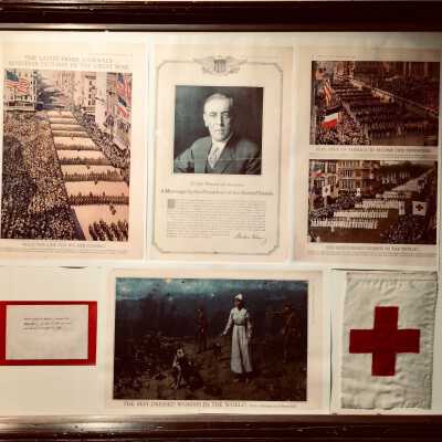 Framed prints and pennant promoting the Red Cross, 1917-1918