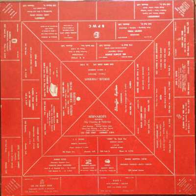 Red and silver card tables with advertisements, and container, before 1930-1940