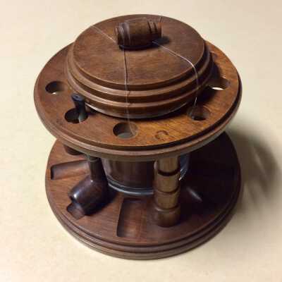 Circular wooden humidor with indentations for pipes, c. 1940s-1950s