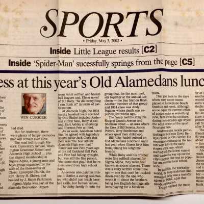Clipping about Old Alamedans luncheon and death of Bill Roby, 2002