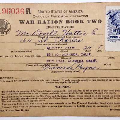 War Ration Book One issued to Roberta Frances McDonell, 1942