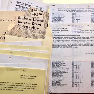 Folder pertaining to business license fee overhaul, 1956-1959