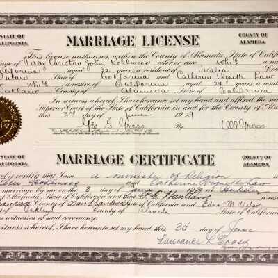 Marriage license of Percy "Pete" Kohlmoos to Catherine Law, 1929