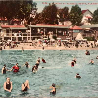 Postcard of bathing at Alameda Beach, 1940