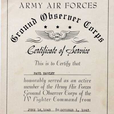 Army Air Forces Certificate of Service awarded to Paul Hawley, 1943