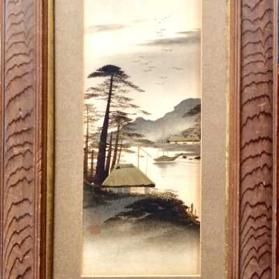 Print of Japanese scene with gold paint accents, early 1900s