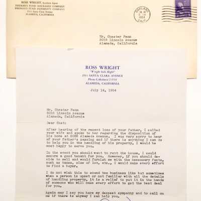Letter of condolence to Chester Fenn on death of his father, 1954
